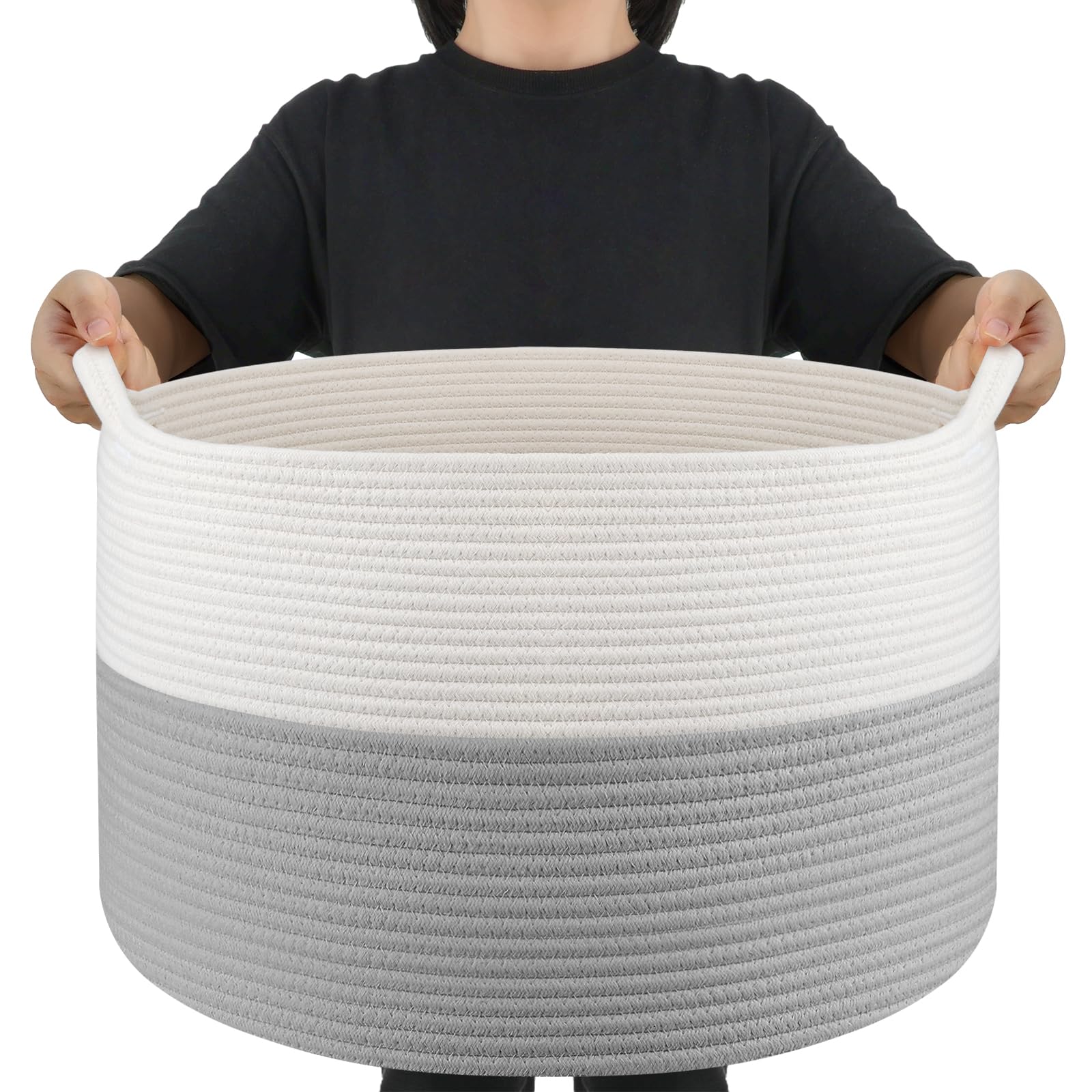 Xxxlarge Blanket Basket Living Room - 22' X 22' X 14' Cotton Rope Baskets For Storage - Large Woven Basket For Toys, Towels, Pillows, Clothes- Rope Laundry Basket With Handles - Nursery Hamper Bin